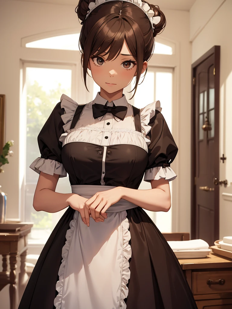 (Wiz), 1woman, as a maid, wearing a maid outfit, at a home, light brown high bun hair, 8k, high detailed, high quality