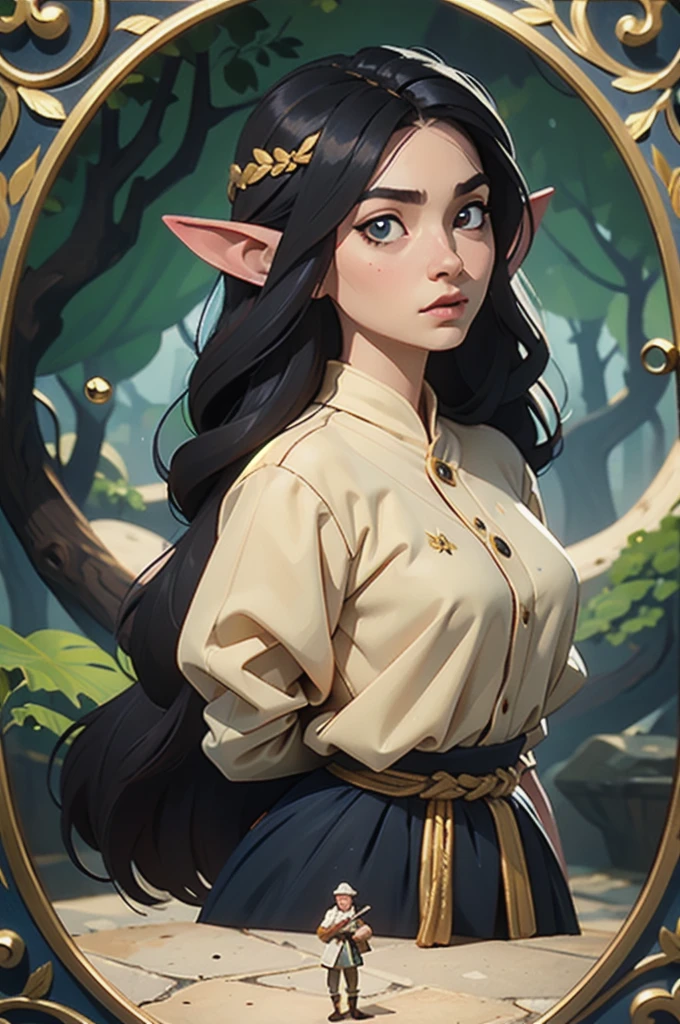 female elf,  long black hair ,  braided hair , king,  round face, GREEN AND WHITE CLOTHES, em uma cidade de fantasia, fantasy character