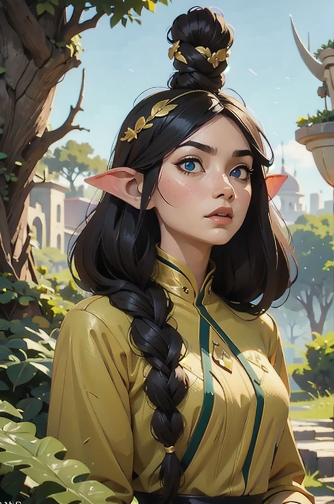 female elf,  long black hair ,  braided hair , king,  round face, GREEN AND WHITE CLOTHES, em uma cidade de fantasia, fantasy character