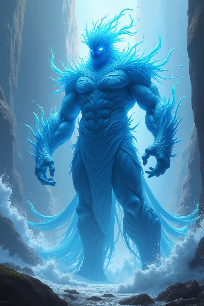 4k realistic, (water elemental, humanoid body made out of water:1.2) sapphire aesthetic, full body, sky background, fantasy art, being made of water, water body, water monster, male, male elemental, masculine