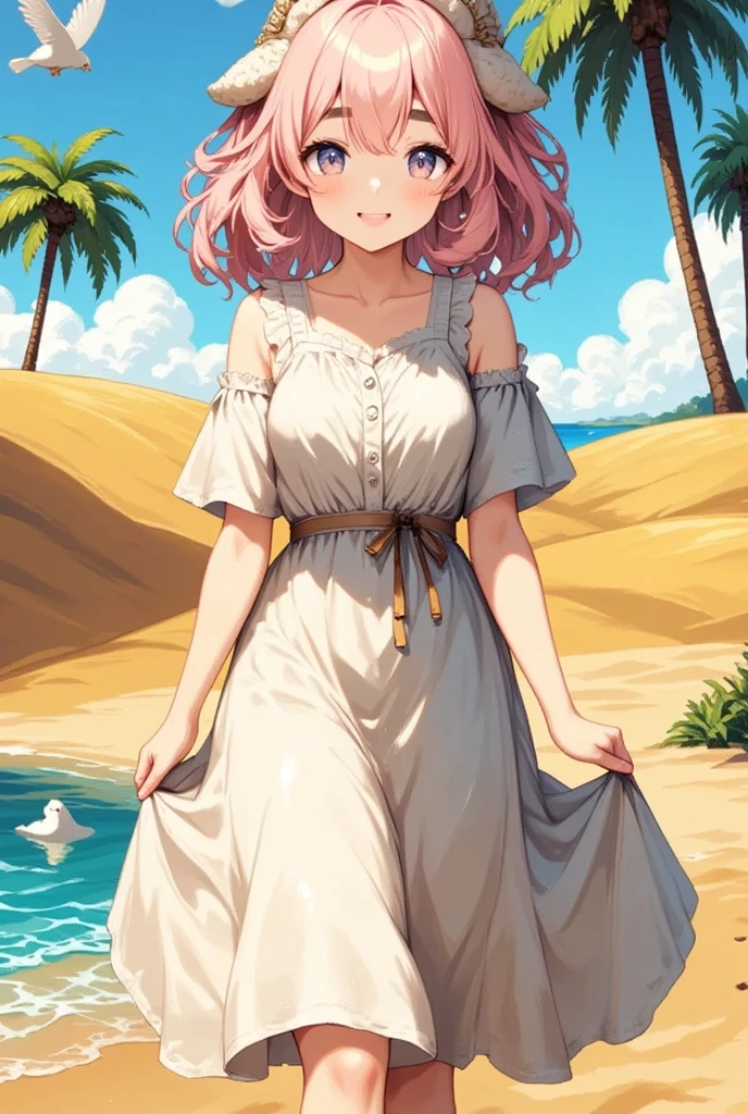 (Depict an alluring scene of a super cute sheep girl as she journeys through an expansive desert, eventually reaching a lush oasis, all captured in a detailed digital artwork. The sheep girl has beautiful, flowing pink hair, with anatomically correct human features enhanced by subtle sheep characteristics like her woolly ears and a playful tail. Her dress is light and flowy, designed to endure the desert winds, crafted from natural fibers in sandy tones with gentle blues that mimic the cool water of the oasis. Her bright eyes reflect the clear sky and a sense of exploration. The setting is dominated by vast stretches of golden sand dunes, ripple patterns clearly visible against the contrasting backdrop of a sparkling pool surrounded by lush, green foliage and date palms casting restful shade. Exotic birds flutter above the clear, azure water, creating a peaceful ambience amidst the arid landscape. The palette is warm and inviting, with dominant yellows and golds interspersed with soothing greens and blues, encapsulating the exotic tranquility of this hidden paradise. The image captures the balance of isolation and discovery, with the oasis representing both a physical destination and a moment of reprieve in her travels.)