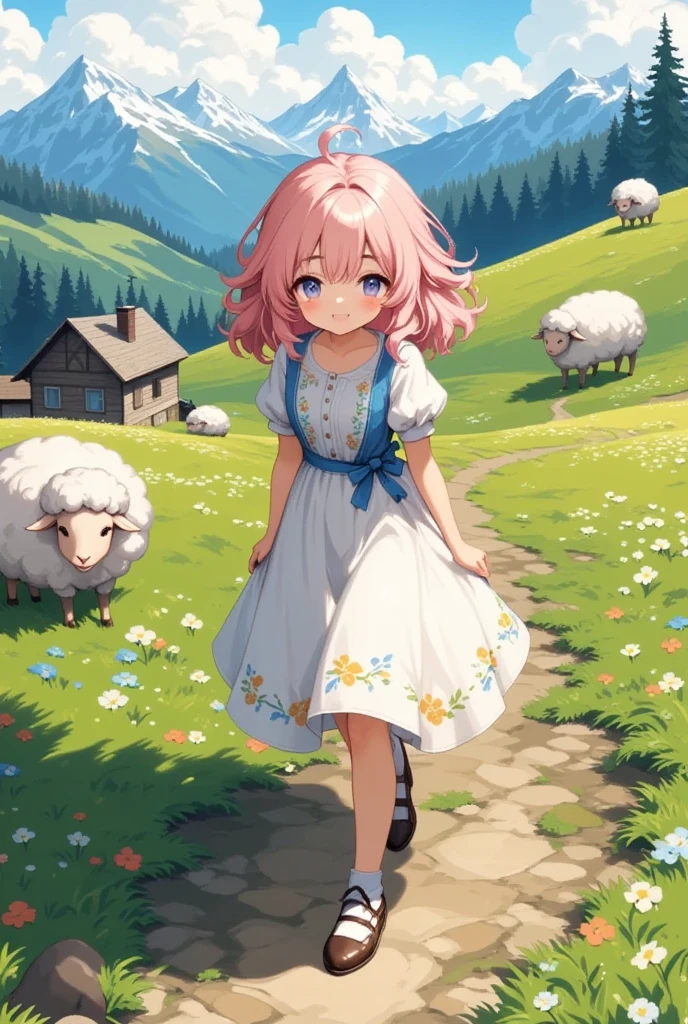 (Imagine a picturesque scene in which a super cute sheep girl traverses the rolling, green hills of the Alps, captured through a breathtaking digital artwork. Her pink hair flows like silk, vibrant against the idyllic landscape, her form anatomically correct yet gently augmented with sheep-like features: little ears, soft wool highlights, and a modest tail. Her attire is both practical and charming, in tune with traditional alpine clothing—perhaps a dirndl-inspired dress with floral embroidery and ribbons. Her eyes are wide and reflect the expanse of the blue sky, portraying a sense of freedom and joy. The scene is filled with lush meadows teeming with wildflowers, towering mountain peaks dusted with snow in the distance, and fluffy alpaca clouds floating serenely above. This peaceful and inviting scene is painted with rich greens, bright blues, and the warm sunlight of early morning. The artwork embodies the spirit of adventure and natural beauty, portraying the sheep girl as both a part of and an explorer within this alpine paradise, invoking a sense of wanderlust and peace.)