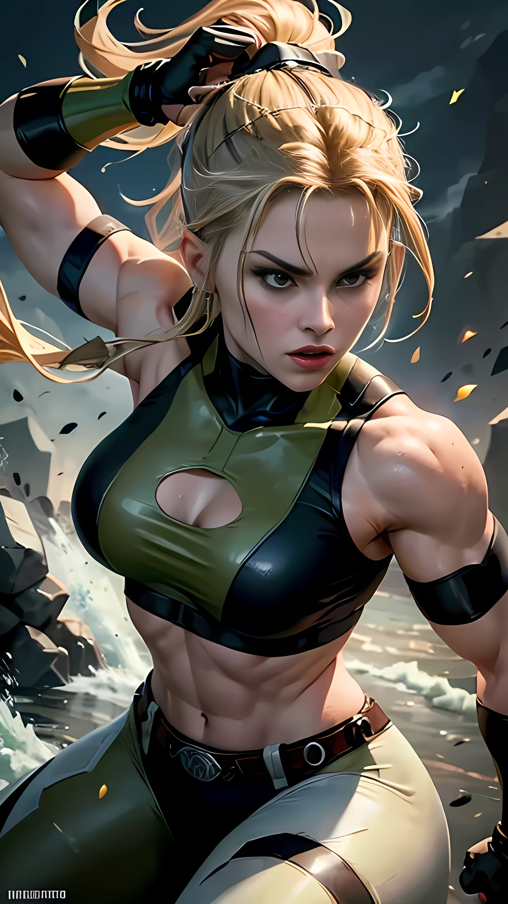 A detailed portrait of Sonya Blade from Mortal Kombat, with beautiful detailed eyes, lips, and face. (best quality,4k,8k,highres,masterpiece:1.2), ultra-detailed, (realistic,photorealistic,photo-realistic:1.37), HDR, UHD, studio lighting. Sonya Blade is depicted in her iconic military attire, showcasing her strength and determination. The painting should capture her fierce expression and powerful yet graceful stance. The background should incorporate elements that reflect the Mortal Kombat universe, such as a dark and ominous atmosphere. The colors should be vibrant and intense, with a slight greenish tone to represent the iconic Mortal Kombat aesthetic. The lighting should emphasize her features, casting strong and dramatic shadows on her face.