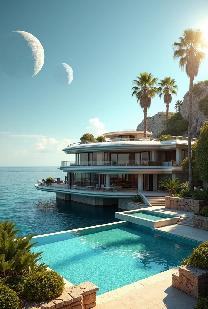 star wars very big classic-modern villa facing on the Sea, in a Sunny day with green trees and swimming pool and two Moon in the sky