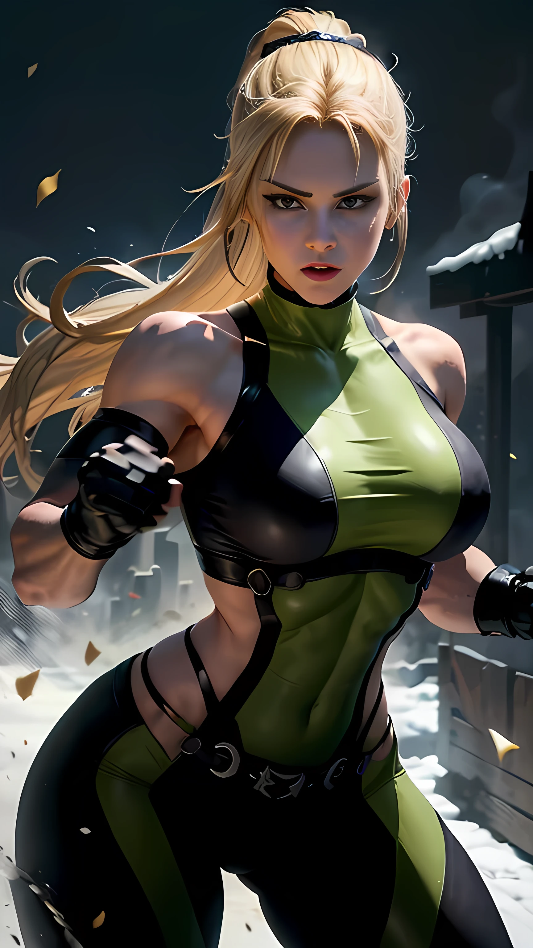 A detailed portrait of Sonya Blade from Mortal Kombat, with beautiful detailed eyes, lips, and face. (best quality,4k,8k,highres,masterpiece:1.2), ultra-detailed, (realistic,photorealistic,photo-realistic:1.37), HDR, UHD, studio lighting. Sonya Blade is depicted in her iconic military attire, showcasing her strength and determination. The painting should capture her fierce expression and powerful yet graceful stance. The background should incorporate elements that reflect the Mortal Kombat universe, such as a dark and ominous atmosphere. The colors should be vibrant and intense, with a slight greenish tone to represent the iconic Mortal Kombat aesthetic. The lighting should emphasize her features, casting strong and dramatic shadows on her face.