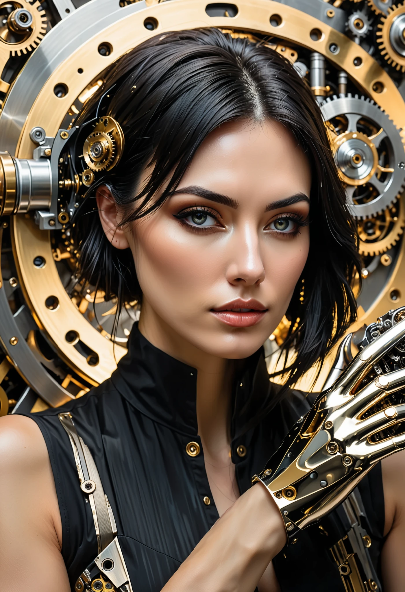 highly detailed portrait, (abstract art, surreal, steampunk), (medium shot), by Android Jones, by Tomma Abts, 1girl in mechanism, (showing hand), black hair, high resolution, (cinematic:1.3), (chronophobia:1.2), wheels, clockwork, (metallic mechanic hand:1.3), (subsurface light scattering, metal reflection:1.2), gold theme, silver theme, dark theme, depth of field, timeless, diffused lighting, mastercraft, eye-catching art, amazing background