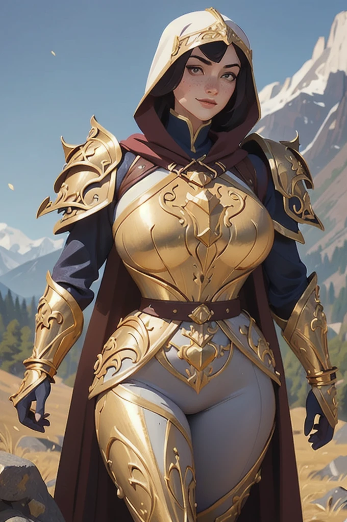 (  masterpiece ,  top quality,  best quality , official art,  handsome and aesthetic :1.2), (1 :1.3), Light freckles, light skin,   extremely detailed  , portrait,  looking at the viewer, Alone, ( full body:0.6), detailed  experience , close up, ( hot pastures theme :1.1),  paladin sacred knight , charlatan, smirk, Mysterious,  swaying in the mountains , modest suit, (((( ornate white and gold metal plate armor)))), hood, nun hood, touca, breast armor , hood, robe, chainmail, chainmail, leggings, chainmail leggings, chainmail leggings, (armored breastplate), tabard, gorget, hood,  swallows , Strikes , armored,  long boots , long sword, shield, cape, Eeb , pearlescent metal, White fabric, light leather, (((( Gigantic breasts)))),  thin waist , Slim hips,  Long legs, medieval (mountain exterior:1.1)  experience , dark Mysterious lighting, shadows, Magical atmosphere,  Dutch angle ,