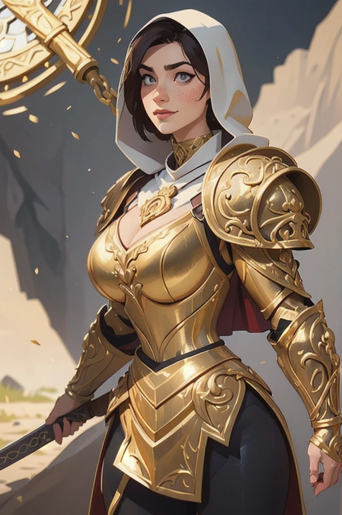 (  masterpiece ,  top quality,  best quality , official art,  handsome and aesthetic :1.2), (1 :1.3), Light freckles, light skin,   extremely detailed  , portrait,  looking at the viewer, Alone, ( full body:0.6), detailed  experience , close up, ( hot pastures theme :1.1),  paladin sacred knight , charlatan, smirk, Mysterious,  swaying in the mountains , modest suit, (((( ornate white and gold metal plate armor)))), hood, nun hood, touca, breast armor , hood, robe, chainmail, chainmail, leggings, chainmail leggings, chainmail leggings, (armored breastplate), tabard, gorget, hood,  swallows , Strikes , armored,  long boots , long sword, shield, cape, Eeb , pearlescent metal, White fabric, light leather, (((( Gigantic breasts)))),  thin waist , Slim hips,  Long legs, medieval (mountain exterior:1.1)  experience , dark Mysterious lighting, shadows, Magical atmosphere,  Dutch angle ,