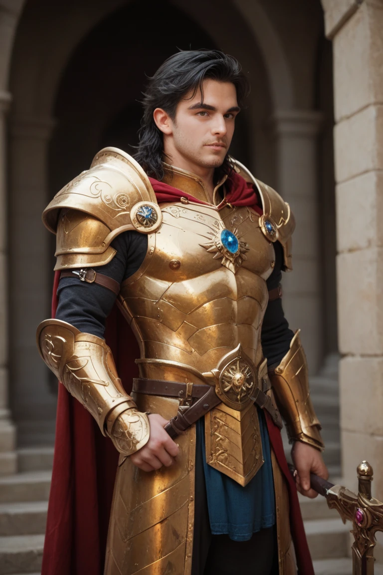 1boy. black hair. golden armor. wizard.