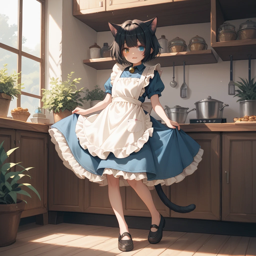 cute, catgirl, heterochromia, bell skirt, frilly clothes, short girl, full body, black hair, blue clothes, apron