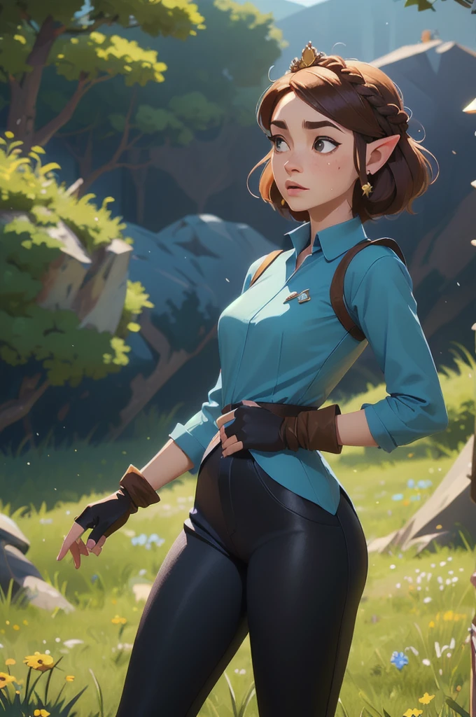 ((Art work, maximum quality,  high resolution)), (( highly detailed 8K unified CG wallpaper )), 1 , princess zelda,  short hair, crown braid ,  hair clip , pointy ears, brown cover, Blue shirt, puffy sleeves, long sleeves, fingerless gloves, black gloves,  black pants , tight pants, azelda ,  long hair, crown braid ,  hair clip , pointy ears, Blue shirt, long sleeves, fingerless gloves, black gloves,  black pants , tight pants sweating,  outdoor, gram, meadow, cliffs, rocky,