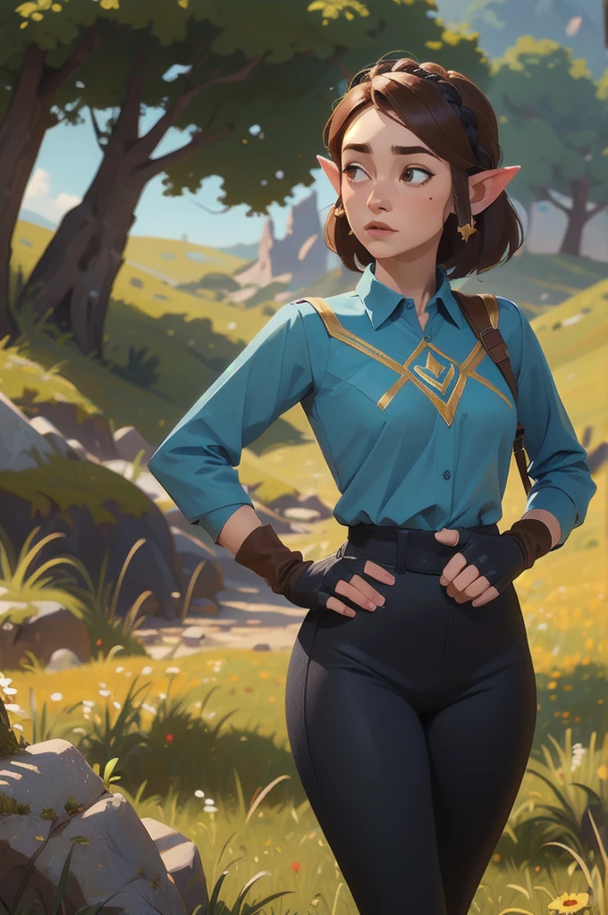 ((Art work, maximum quality,  high resolution)), (( highly detailed 8K unified CG wallpaper )), 1 , princess zelda,  short hair, crown braid ,  hair clip , pointy ears, brown cover, Blue shirt, puffy sleeves, long sleeves, fingerless gloves, black gloves,  black pants , tight pants, azelda ,  long hair, crown braid ,  hair clip , pointy ears, Blue shirt, long sleeves, fingerless gloves, black gloves,  black pants , tight pants sweating,  outdoor, gram, meadow, cliffs, rocky,