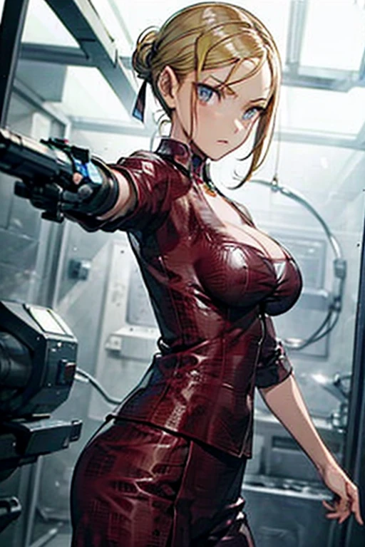  1 girl ,  high definition , Blonde,  Chignon flowing sideways ,  Big Breasts , Three white eyes,  Yandere, 
terminator、 Christana Loken
battleground、 machine arm 、Liquid Metal 、Shoot and Warp 
stomp on the sole 、 points your index finger against the backgroundシンプルな背景,  scornful eyes, 液体金属の弾痕