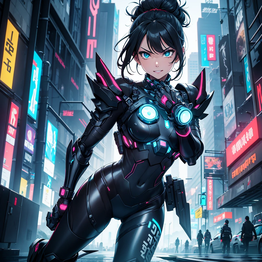 Background:
• Setting: A cyberpunk near-future city with towering skyscrapers and neon lights illuminating the night.
• Color Scheme: Use vibrant neon colors (pink, blue, purple, green) throughout the background, incorporating reflections and glitch effects characteristic of a cyberpunk aesthetic.
• Details: Between the buildings, holographic advertisements float, and drones fly through the sky. The city’s inhabitants are depicted in cyberpunk fashion, emphasizing the futuristic atmosphere.
Effects:
• Light Effects: Neon light particles scatter around the character, with reflections and refractions enhancing her colorful attire.
• Movement Effects: Show her hair and parts of her outfit blowing in the wind to convey dynamic movement. Add light trails that follow the movement of her hair.
• Glitch Effects: Insert digital noise and glitch effects in parts of the background and around her to emphasize the futuristic cyberpunk world.black hair, colored inner hair, hair behind ear, mullet, pointy hair, empty eyes, mismatched pupils, multicolored eyes, dilated pupils, eyeball, wide eyes, slit pupils, longeyelashes, hoop earrings, crazy, licking lips, seductive smile, long tongue, determined, evil, crazy smile, oral invitation, Conceptual art, anime, anime style, chiaroscuro, glowing light, cowboy shot, lens flare, 8k, super detail, UHD, masterpiece, accurate, accurate, textured skin, textured skin, high details, high quality, award winning, best quality, highres, 16k
