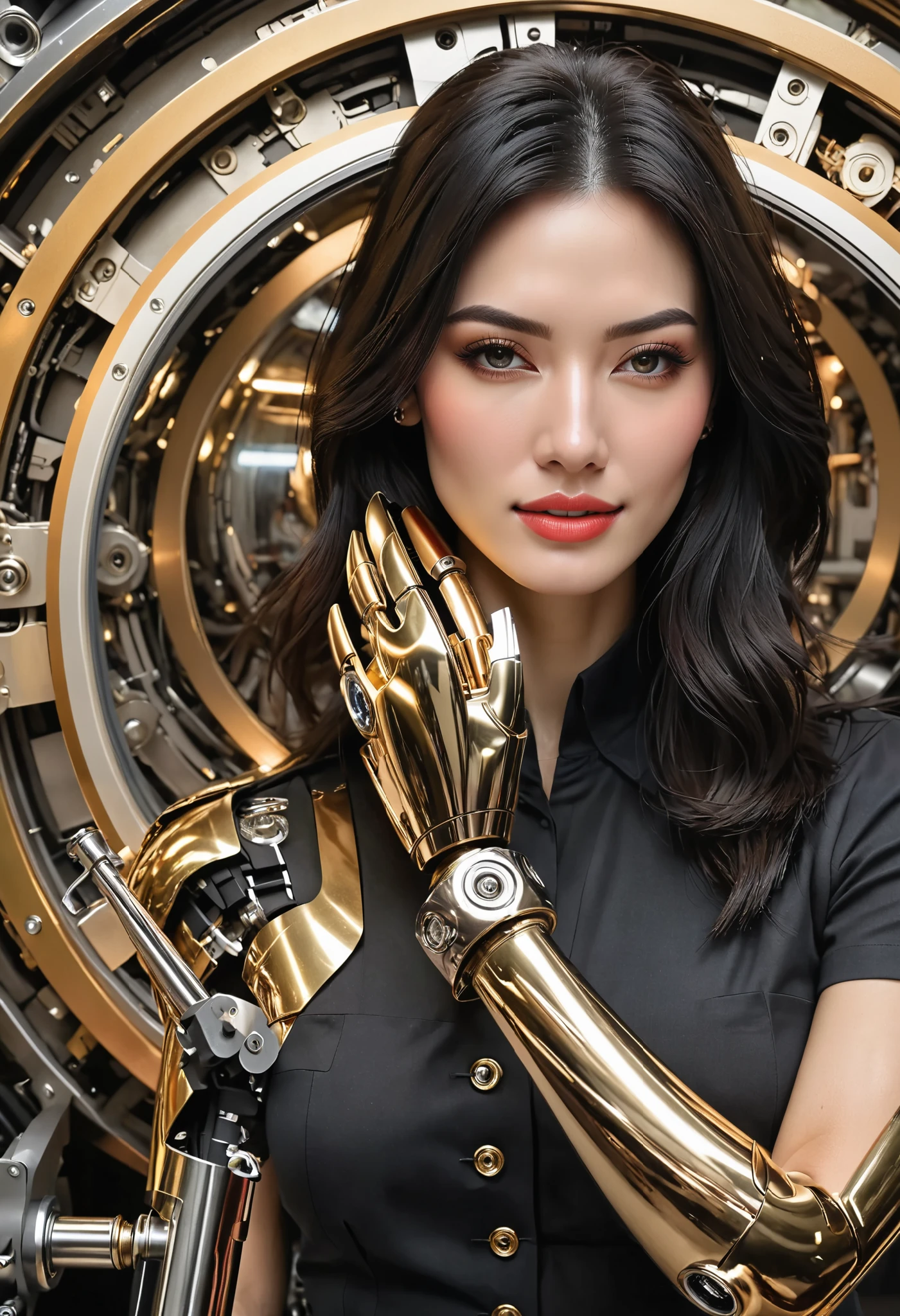 highly detailed portrait, (abstract art, surreal, steampunk), (medium shot), by Android Jones, by Tomma Abts, 1girl in mechanism, (showing hand), black hair, high resolution, (cinematic:1.3), (chronophobia:1.2), wheels, clockwork, (metallic mechanic hand:1.3), (subsurface light scattering, metal reflection:1.2), gold theme, silver theme, dark theme, depth of field, timeless, diffused lighting, mastercraft, eye-catching art, amazing background