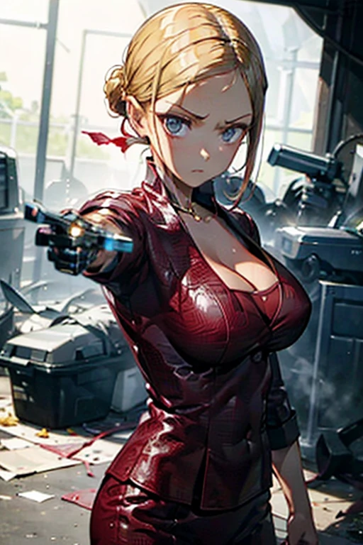  1 girl ,  high definition , Blonde,  Chignon flowing sideways ,  Big Breasts , Three white eyes,  Yandere, 
terminator、 Christana Loken
battleground、 machine arm 、Liquid Metal 、Shoot and Warp 
stomp on the sole 、 points your index finger against the backgroundシンプルな背景,  scornful eyes, 液体金属の弾痕