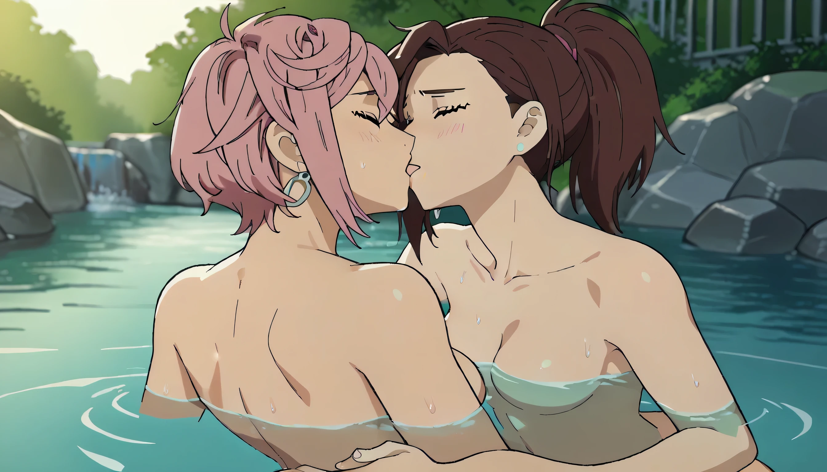 Anime couple kissing in the water with a waterfall in the background - SeaArt AI