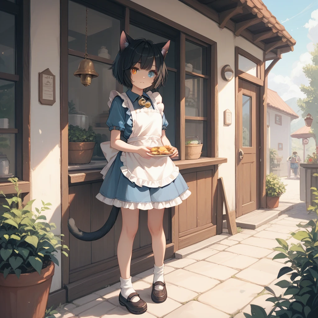 cute, catgirl, heterochromia, bell skirt, frilly clothes, short girl, full body, black hair, blue clothes, apron, standing outside, short socks, thin