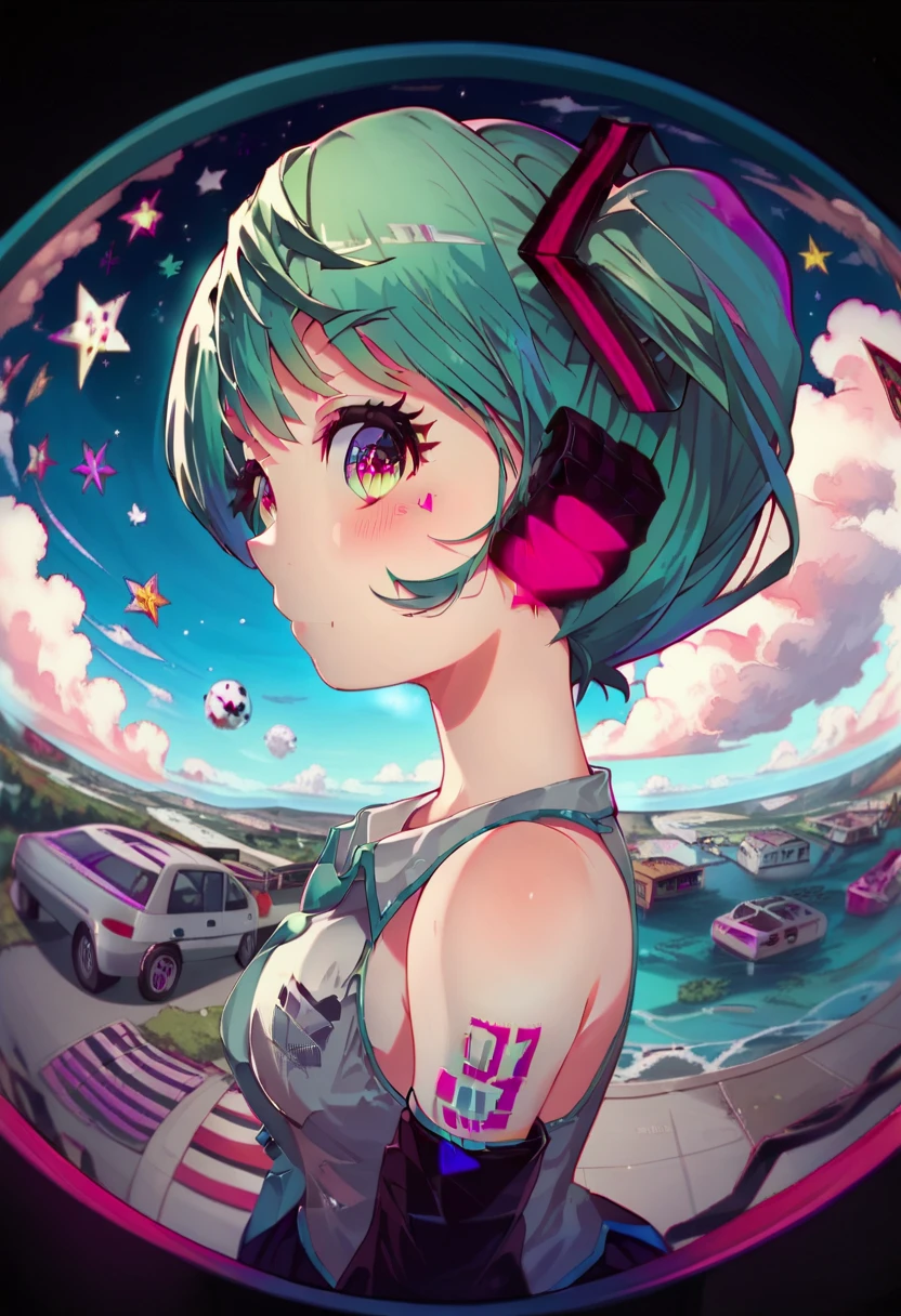  ,woman, side eye ,『 Monitoring 』   Hatsune Miku   ，woman,from side,， anime girl with blue hair and green hair with stars and clouds, cyberpunk art by Android Jones, trending on pixiv, neo-fauvism, anime vibes, dreamy psychedelic anime, 2 d anime style, anime girl with teal hair, anime style hype r detailed, anime style mixed with fujifilm, anime style 4 k, decora inspired illustrations, 2 D Gorillaz