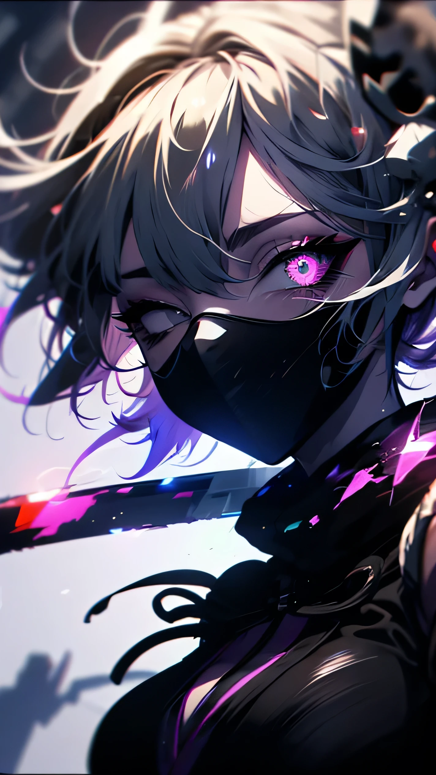 8k,masterpiece,best quality, ((( silhouette art:1.4))), a stylish and sexy ninja hoodie that shows off her cleavage and thighs, (Double Exposure:1.3), Bright violet and silver hair with pink streaked, Japanese garden with bamboo grove,wields an infernal Grim Reaper's huge scythe to hunt souls,Blue Moon, (close-up), a female ninja with one eye covered with a black cloth like an eyepatch,Japanese neon that shines in pink and purple is reflected in a puddle.,mid-night