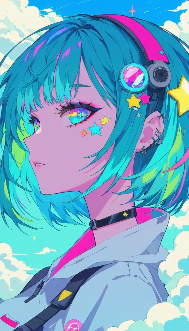 anime girl with blue hair and green hair with stars and clouds, cyberpunk art by Android Jones, trending on pixiv, neo-fauvism, anime vibes, dreamy psychedelic anime, 2 d anime style, anime girl with teal hair, anime style hype r detailed, anime style mixed with fujifilm, anime style 4 k, decora inspired illustrations, 2 d gorillaz