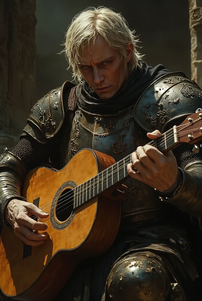 a knight playing a guitar, intricate details, armor, medieval, fantasy, detailed facial features, expressive eyes, guitar, musical, atmospheric lighting, dramatic, cinematic, rich color palette, volumetric lighting, depth of field, digital painting, concept art, 8k, masterpiece, hyper realistic, photo realistic