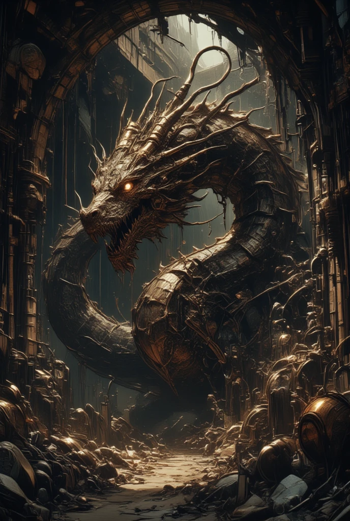 (Conceive a dark, mysterious illustration of a dragon weaving through the labyrinthine tunnels of an underground realm, steeped in shadows and steampunk allure. Rendered in the richly detailed and imaginative style of Yoshitaka Amano, this dragon is a creature of the night, its scales a complex tapestry of dark, muted tones laced with copper and brass highlights. The dim ambient light catches on the dragon's metallic features, casting intricate shadows that play across the rough, stone walls, twisted pipes, and forgotten machinery of this subterranean world. Its eyes glow softly with an otherworldly luminescence, a beacon in the darkness, while the structural elegance of its form is impeccably depicted, respecting both the fantasy essence and the logical anatomy. The subtly swirling air hints at ancient mechanisms stirring to life, giving the scene an ominous and enigmatic atmosphere in line with the epic tales of mystery and adventure from the Final Fantasy universe.)