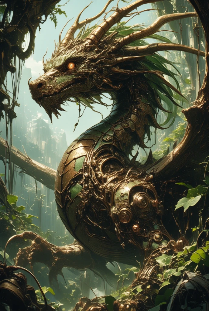 (Design a serene yet powerful scene where a dragon resides within the tranquil embrace of a mystical forest, an embodiment of nature’s untamed spirit through the visionary style of Yoshitaka Amano intertwined with a touch of steampunk flair. This dragon's presence is one with its lush surroundings; its body is adorned with scales of verdant greens and deep bronzes, hinting at a symbiotic relationship with the forest itself. The dragon's structural design showcases both natural anatomy and engineered enhancements, like ocular devices and subtle wing augmentation, seamlessly blending biology with technology. Gentle winds rustle through the foliage, bringing movement to the creature’s flowing mane and the vines curling around ancient machinery integrated into the landscape. The serene atmosphere captures a moment of quiet introspection and harmony within the fantasy world reminiscent of Final Fantasy, where magic and machinery coexist in imaginative storytelling. Ensure that the artwork reflects the delicacy and boldness inherent in Amano's work, capturing the dragon’s majesty and its protective role in this enchanted realm.)