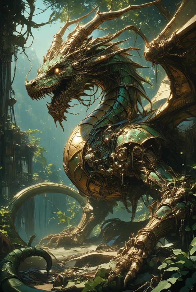 (Design a serene yet powerful scene where a dragon resides within the tranquil embrace of a mystical forest, an embodiment of nature’s untamed spirit through the visionary style of Yoshitaka Amano intertwined with a touch of steampunk flair. This dragon's presence is one with its lush surroundings; its body is adorned with scales of verdant greens and deep bronzes, hinting at a symbiotic relationship with the forest itself. The dragon's structural design showcases both natural anatomy and engineered enhancements, like ocular devices and subtle wing augmentation, seamlessly blending biology with technology. Gentle winds rustle through the foliage, bringing movement to the creature’s flowing mane and the vines curling around ancient machinery integrated into the landscape. The serene atmosphere captures a moment of quiet introspection and harmony within the fantasy world reminiscent of Final Fantasy, where magic and machinery coexist in imaginative storytelling. Ensure that the artwork reflects the delicacy and boldness inherent in Amano's work, capturing the dragon’s majesty and its protective role in this enchanted realm.)