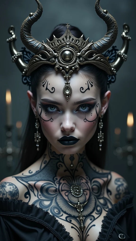 lady in black transparency, her face and has silver intrincated accesories, in the style of hell fashion, otherworldly beauty, celestialpunk, album covers, queencore, dark age aesthetics