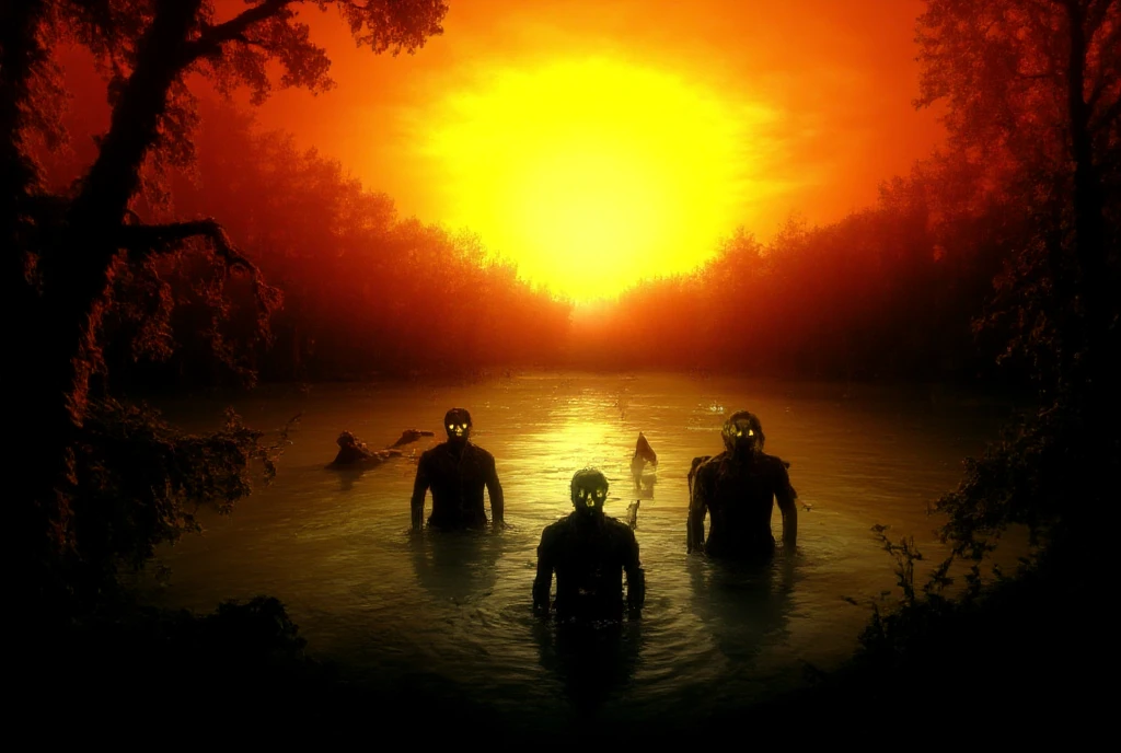 Three strange, elongated creatures with skeletal features and glowing yellow eyes emerge from dark, murky water. The background is dominated by a vibrant, fiery sunset that casts an enchanting and warm glow, contrasting sharply with the cold shadows of the surrounding forest. The scenery is rendered in a painterly style reminiscent of expressionism, emphasizing deep yellow reflections on the water and austere red tones in the sky. The overall atmosphere is both ominous and mesmerizing, blending eerie tension with surreal beauty.