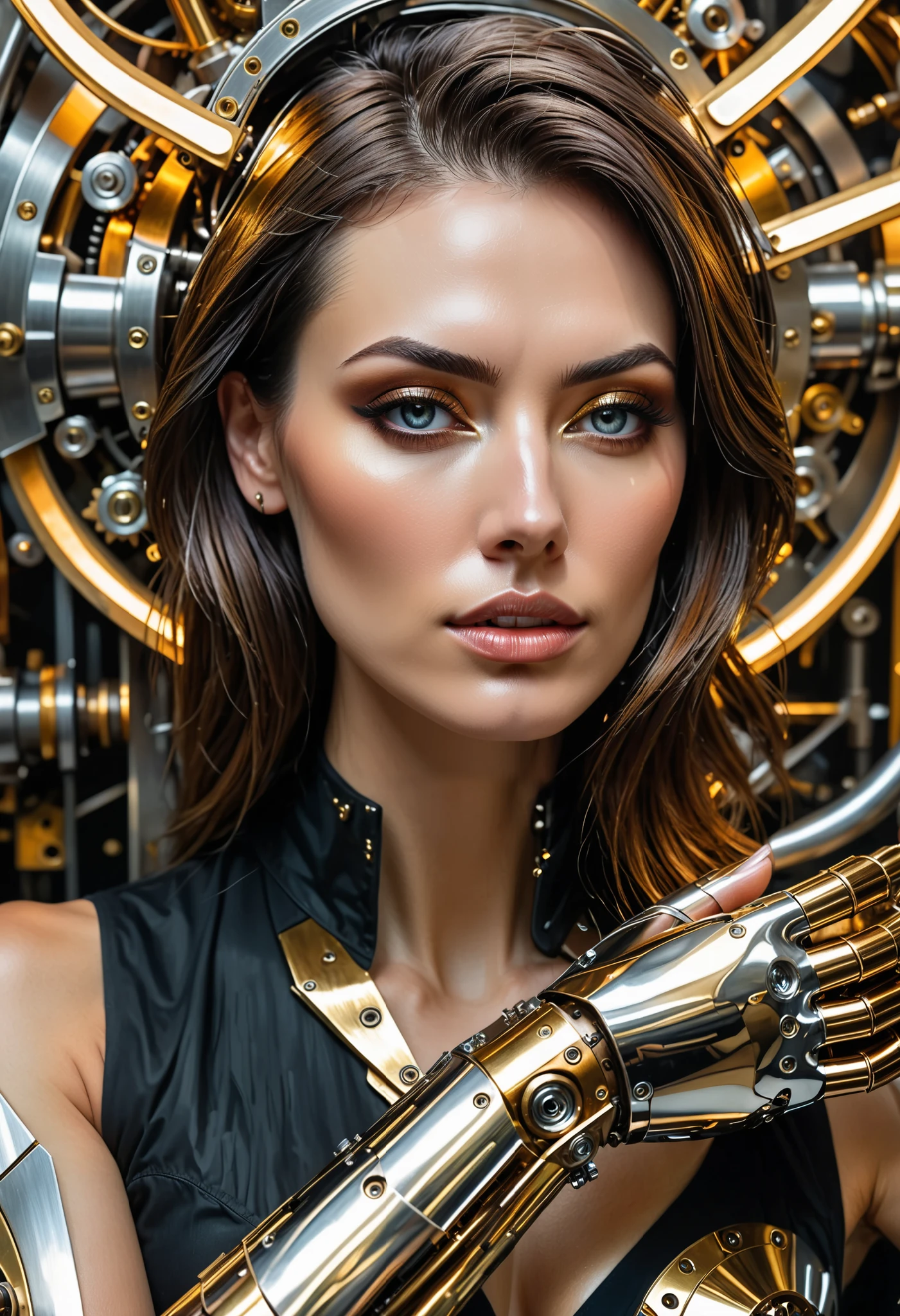 highly detailed portrait, (abstract art, surreal, steampunk), (medium shot), by Android Jones, by Tomma Abts, 1girl in mechanism, (showing hand), black hair, high resolution, (cinematic:1.3), (chronophobia:1.2), wheels, clockwork, (metallic mechanic hand:1.3), (subsurface light scattering, metal reflection:1.2), gold theme, silver theme, dark theme, depth of field, timeless, diffused lighting, mastercraft, eye-catching art, amazing background