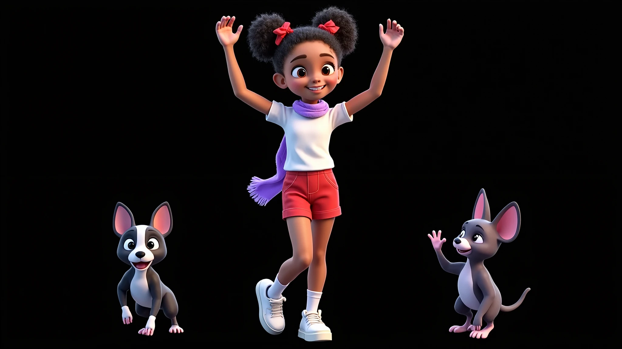 Inspired by the films on the posters of the Disney Pixar characters, create a high-resolution 3D image of a , 12YO, 12Y, , 12 Y, 12 ANOS DE IDADE, girl, BEAUTIFUL, SENSUAL, light-skinned, curly, Afro-mixed hair, tied in two ponytails tied with red ribbons. She is wearing a lilac scarf, a white t-shirt without any print, very short red shorts, white socks and white sneakers. She makes a movement that seems to dance with two arms raised high, looking up and one of her feet raised at her side. Her two friends are a black and white French Bulldog puppy (with the predominant color black) on two paws doing the same movement on the other side. A hairless purple Spix kitten with yellow eyes doing the same movement. The background is all black for cutting in png.