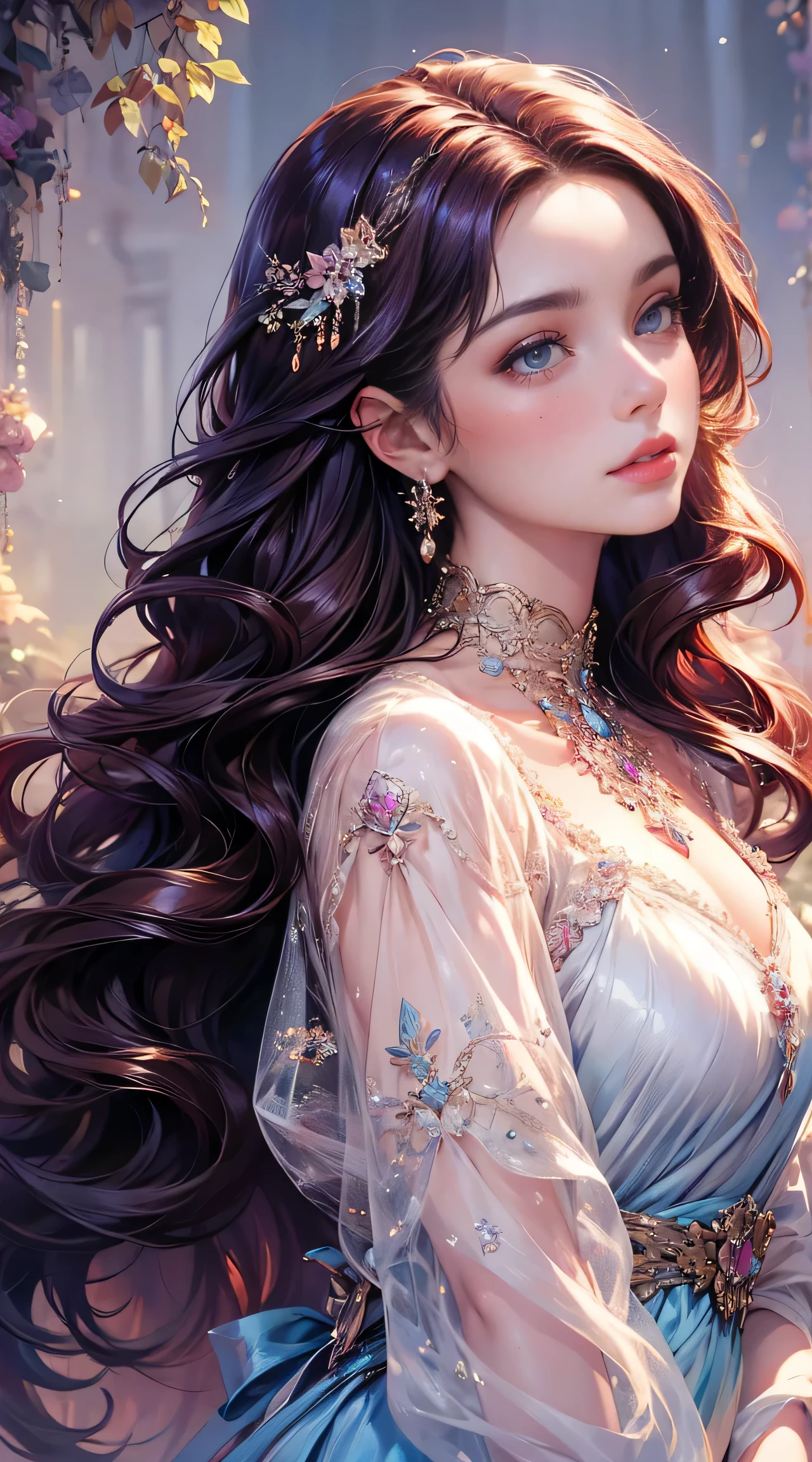 beautiful elegant woman, photorealistic, 8k, hyperdetailed, masterpiece, fantasy art, dreamlike background, 1 adult female, clean detailed face, beautiful warm brown eyes, shiny purple hair, lovely light blue dress with intricate embroidery, luxurious jewelry, mesmerizing detailed art