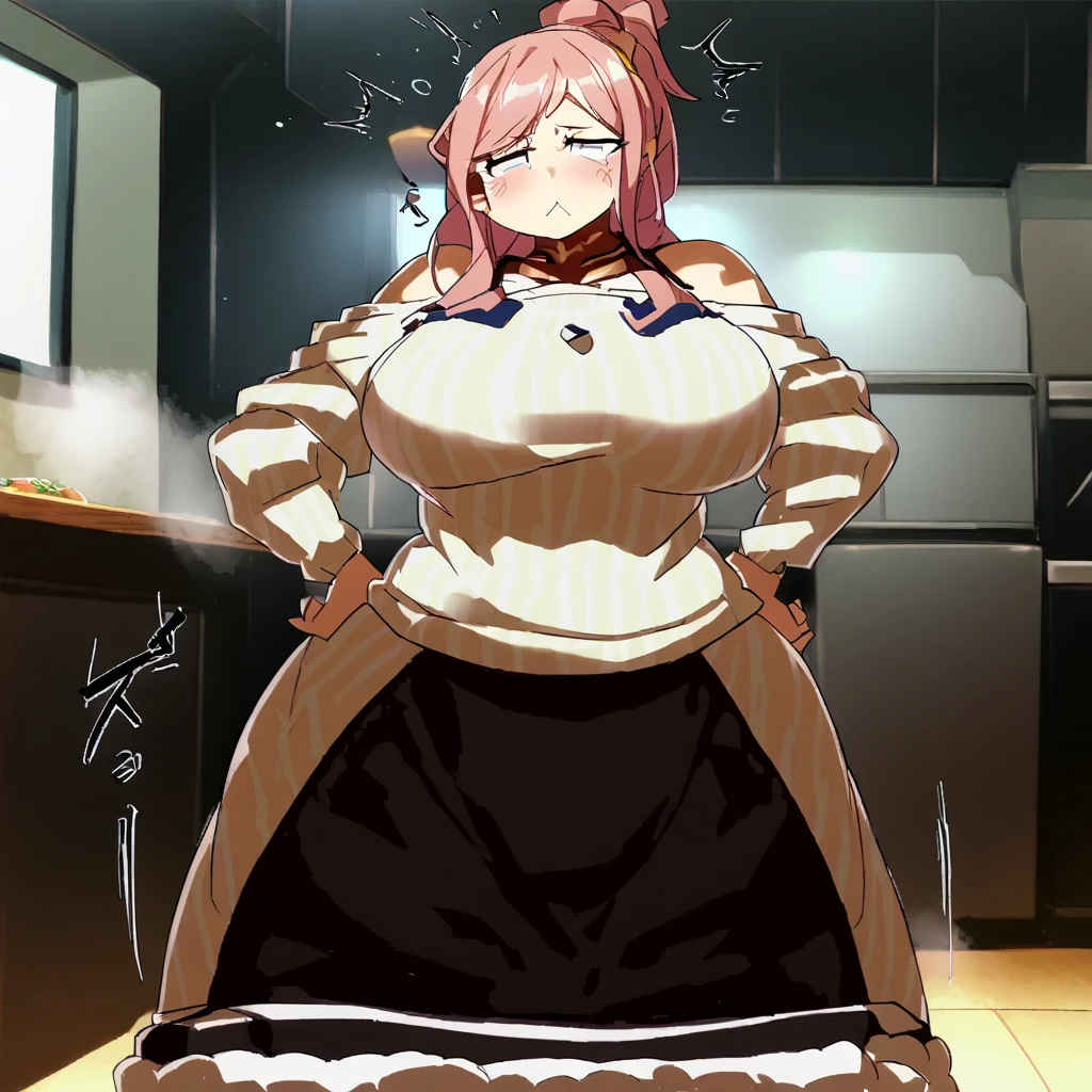 Anime, high detailed, 1 woman, Mature woman, big round breasts, chubby beauty, miss Pus-sized, Wearing a sweater, striped sweater, long skirt, enormous long hair, pink hair, Top ponytail (( tied on top, like a topknot)), exasperation expression, in a kitchen, hands on hips 