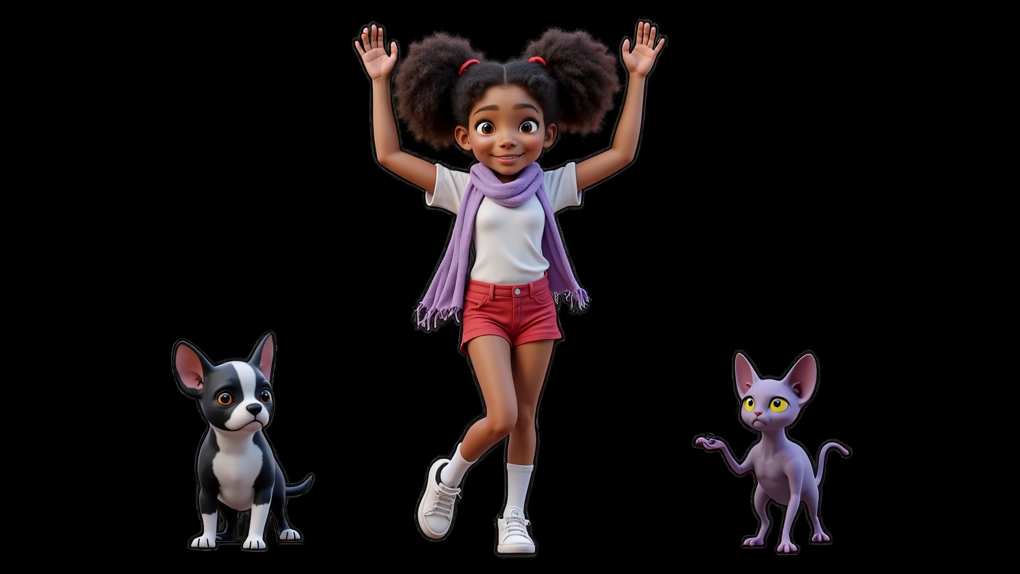 Inspired by the films on the posters of the Disney Pixar characters, create a high-resolution 3D image of a , 12YO, 12Y, , 12 Y, 12 ANOS DE IDADE, girl, BEAUTIFUL, SENSUAL, light-skinned, curly, Afro-mixed hair, tied in two ponytails tied with red ribbons. She is wearing a lilac scarf, a white t-shirt without any print, very short red shorts, white socks and white sneakers. She makes a movement that seems to dance with two arms raised high, looking up and one of her feet raised at her side. Her two friends are a black and white French Bulldog puppy (with the predominant color black) on two paws doing the same movement on the other side. A hairless purple Spix kitten with yellow eyes doing the same movement. The background is all black for cutting in png.