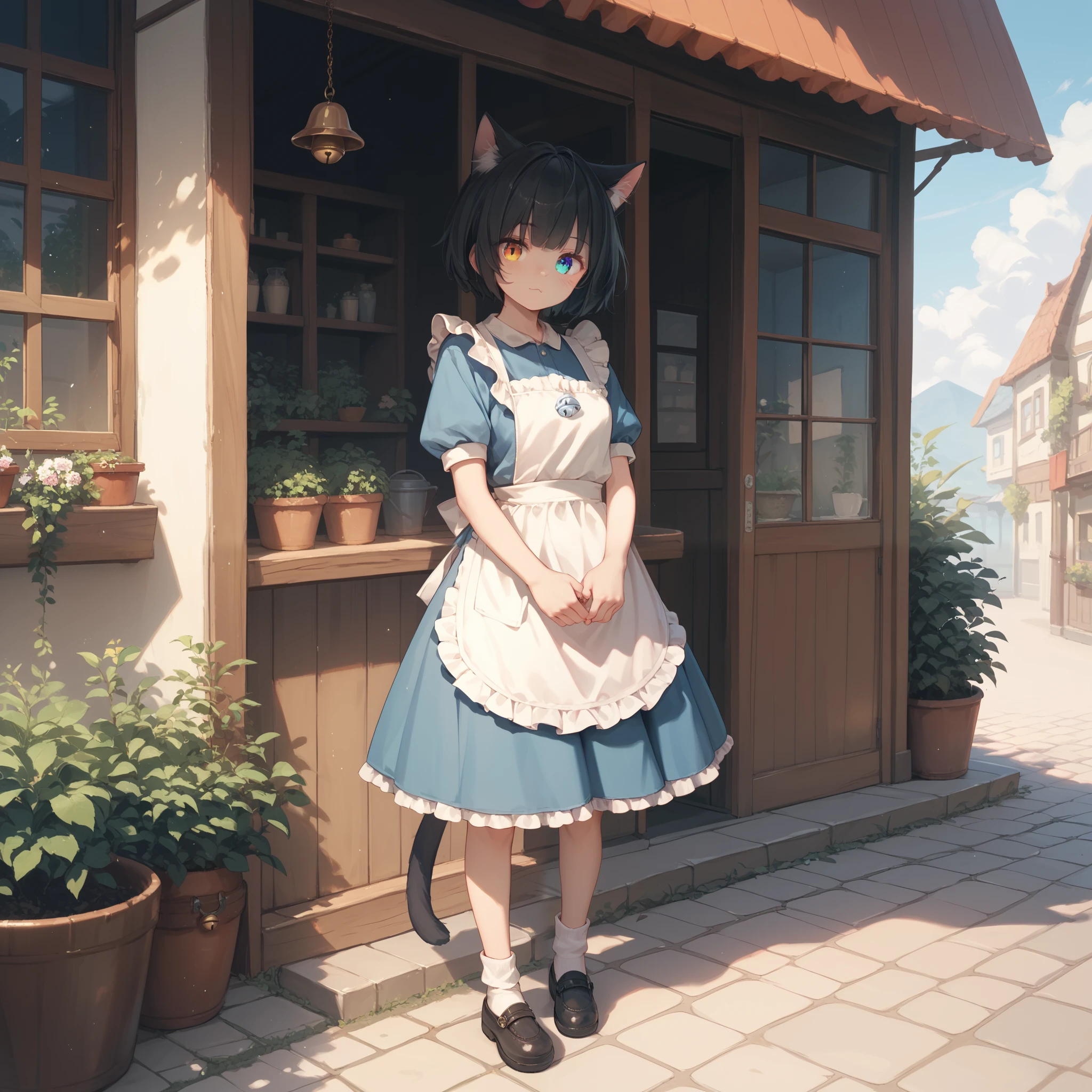 cute, catgirl, heterochromia, bell skirt, frilly clothes, short girl, full body, black hair, blue clothes, apron, standing outside, short socks, thin