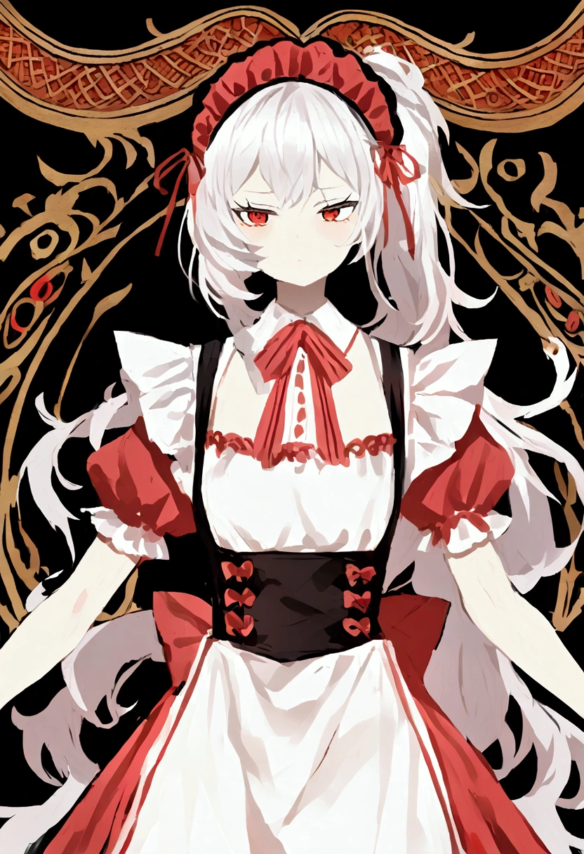 Long white hair, red eyes, wearing a red and white maid outfit. 