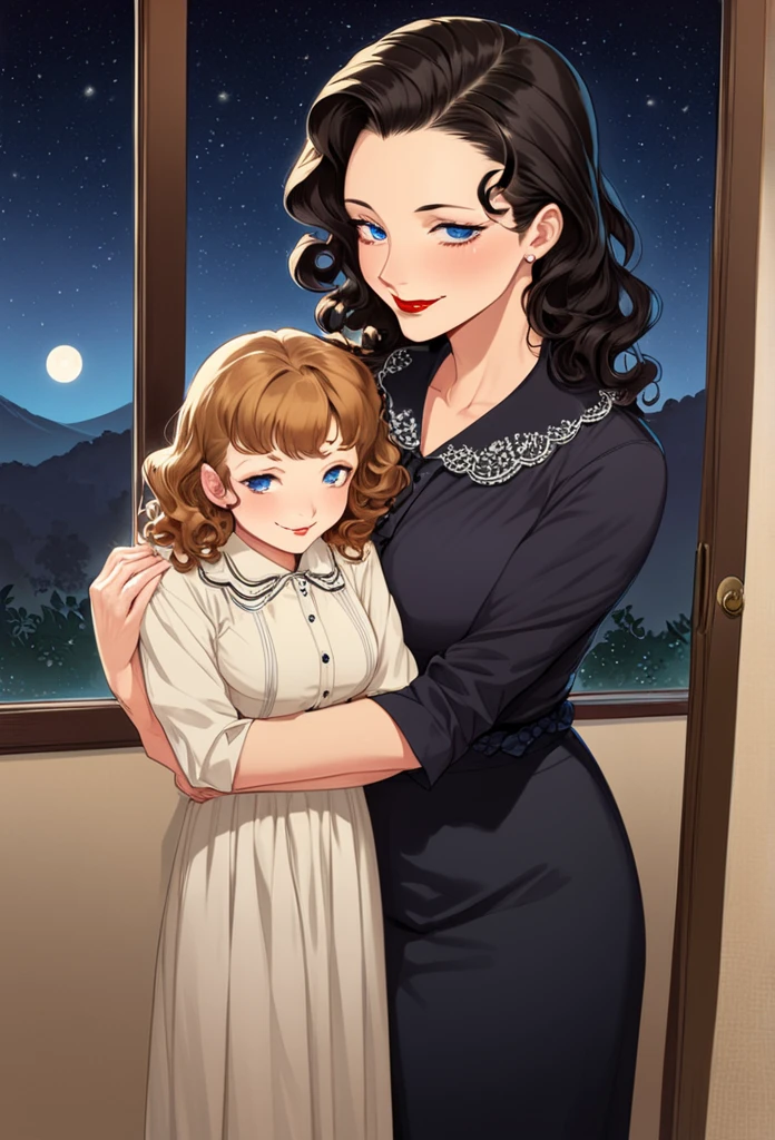 detailed illustration (side view),dynamic angle,ultra-detailed, detailed eyes, detailed face, 1girl, night , nightime, stars, 1940’s wife, button up blouse and long skirt, anime half closed eyes, lidded eyes, bedroom eyes, knowing smile, mischievous smile, smirk, standing in kitchen, domestic goddess, black hair, huge breasts, wholesome yet sexy, motherly, nurturing, MILF, glass sliding door, moonscape outside, dark blue eyes, highly detailed eyes, detailed eyes, bright eyes, long hair, wavy hair, red lips