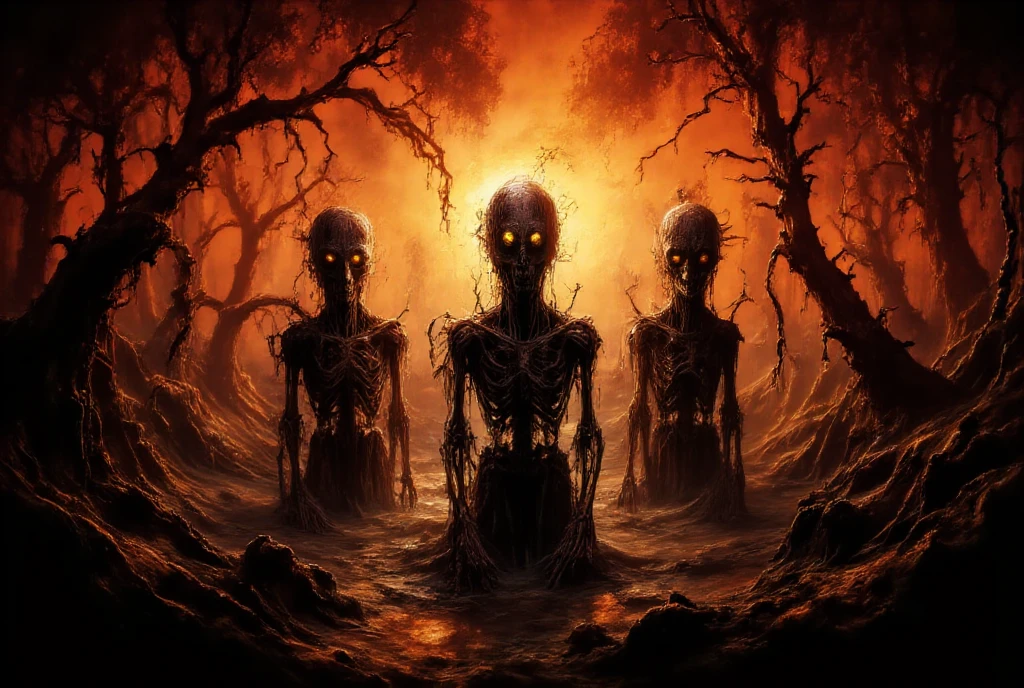 Three strange, elongated creatures with skeletal features and glowing yellow eyes emerge from dark, murky water. The background is dominated by a vibrant, fiery sunset that casts an enchanting and warm glow, contrasting sharply with the cold shadows of the surrounding forest. The scenery is rendered in a painterly style reminiscent of expressionism, emphasizing deep yellow reflections on the water and austere red tones in the sky. The overall atmosphere is both ominous and mesmerizing, blending eerie tension with surreal beauty.