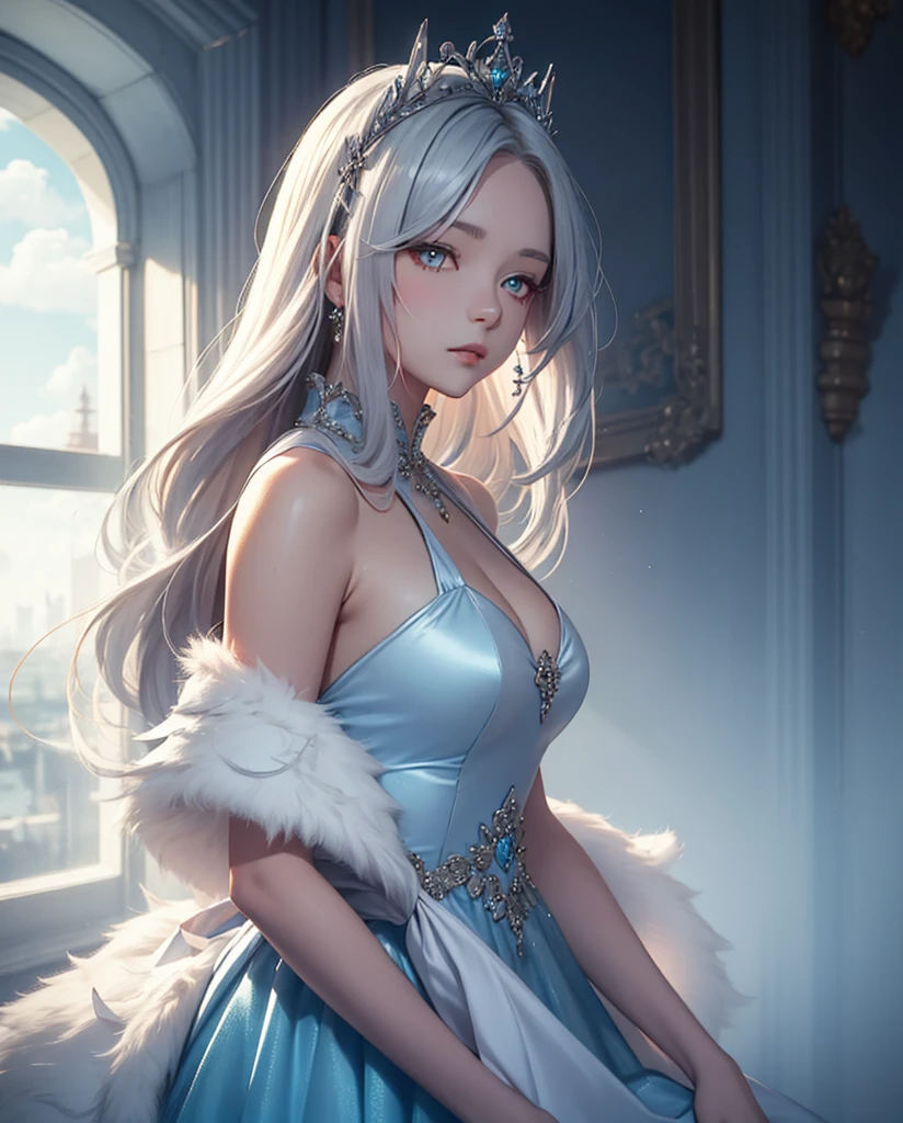 Una mujer con un vestido azul posando para una foto, Reyna de hielo, Reina del hielo y la tormenta, cosplay glamuroso, Hechicera de hielo, hecho de cristal, hermosa elsa, Elsa Congelada, Princesa de hielo, Elsa de Frozen, ((a beautiful fantasy empress)), fantasy costume, diosa rubia, cuerpo intrincado, amoranto, elegant cosplay glamuroso, detallado y fantasioso