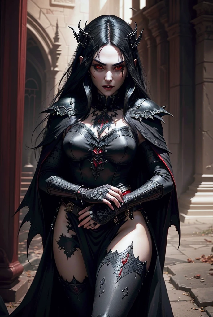Woman, 25 years old, beautiful, black hair, red eyes (((red eyes))), beautiful body, black dress, gothic, dark, castle, vampire, (((vampire)))