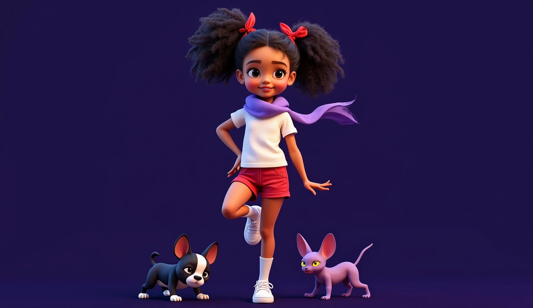 Inspired by Disney Pixar character posters movies, create a high resolution 3D image of a girl, 12YO, 12Y, 12 Y, , BEAUTIFUL, SENSUAL, fair skin, curly, afro- mixed hair, tied up in two ponytails tied with red ribbons. She is wearing a lilac scarf, a white t-shirt with no print, very short red shorts, white socks and white sneakers. She makes a movement that appears to be dancing with ONE ARM around her waist and the other lowered and one of her feet raised, looking up and one of her feet raised at her side. His two friends are a black and white French Bulldog puppy (with the predominant black color) on two paws doing the same movement on the other side. A hairless, purple Spix kitten with yellow eyes doing the same movement. The background is all black for png cutting.