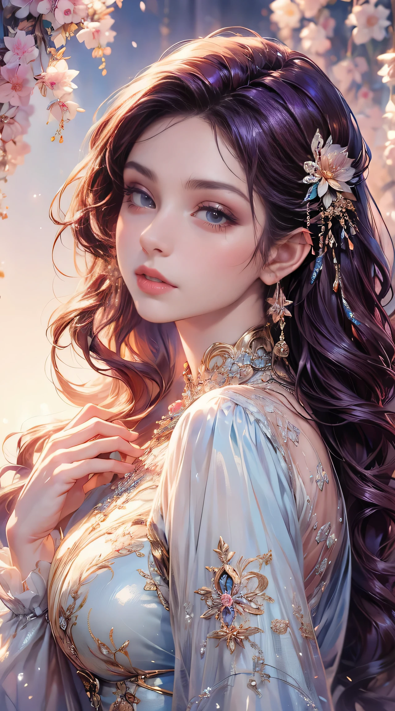 beautiful elegant woman, photorealistic, 8k, hyperdetailed, masterpiece, fantasy art, dreamlike background, 1 adult female, clean detailed face, beautiful warm brown eyes, shiny purple hair, lovely light blue dress with intricate embroidery, luxurious jewelry, mesmerizing detailed art