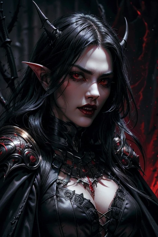 Hyper wide shot, dark art, realistic photo of Morgana from League of Legends, evil looking sinister gaze looks straight into the camera, big chest, silver magic surrounded, dark black and red oily background, hyper detailed. intricately detailed, unreal engine, fantastic, intricate details, complementary colors, fantasy concept art, 32k resolution, DeviantArt masterpiece, heavy strokes, magic drip, depth of field, cinematic lighting, hyper realistic, volumetric lighting, wide angle photography , photorealism, movie Poster Style, fantasy, hyperdetailed, volumetric lighting, ultra-hd, octane render, photorealistic