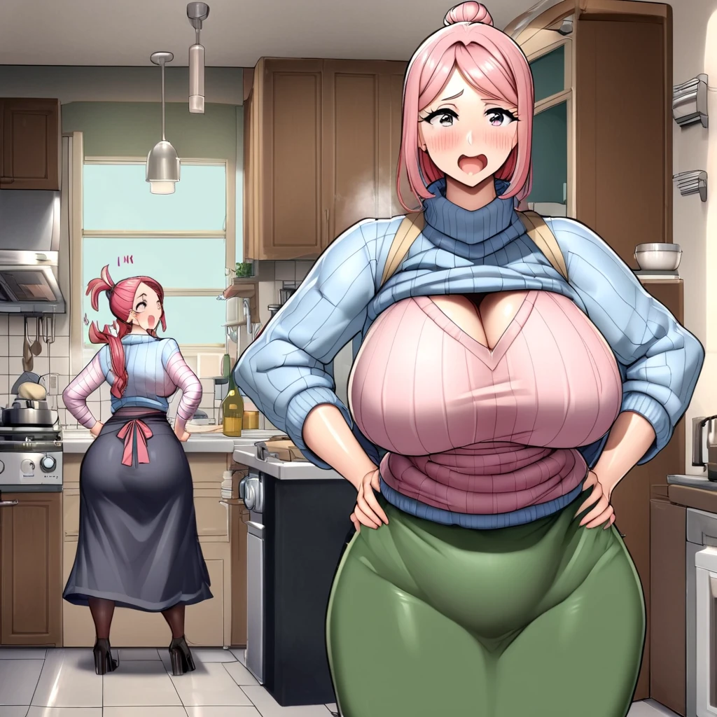 Anime, high detailed, 1 woman, Mature woman, big round breasts, chubby beauty, Wearing a sweater, striped sweater, long skirt, enormous long hair, pink hair, Top ponytail (( tied on top, like a topknot)), exasperation expression, in a kitchen, hands on hips, a bottle of wyne inside her skirt