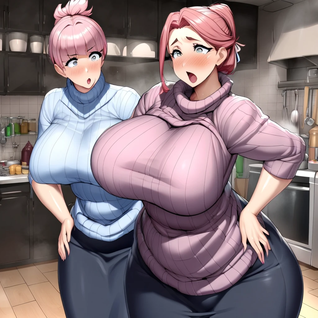 Anime, high detailed, 1 woman, Mature woman, big round breasts, chubby beauty, Wearing a sweater, striped sweater, long skirt, enormous long hair, pink hair, Top ponytail (( tied on top, like a topknot)), exasperation expression, in a kitchen, hands on hips, a bottle of wyne inside her skirt