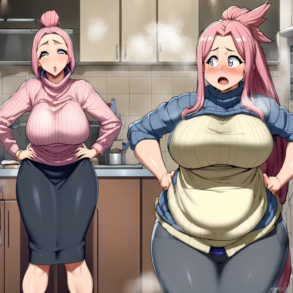 Anime, high detailed, 1 woman, Mature woman, big round breasts, chubby beauty, Wearing a sweater, striped sweater, long skirt, enormous long hair, pink hair, Top ponytail (( tied on top, like a topknot)), exasperation expression, in a kitchen, hands on hips, a bottle of wyne inside her skirt