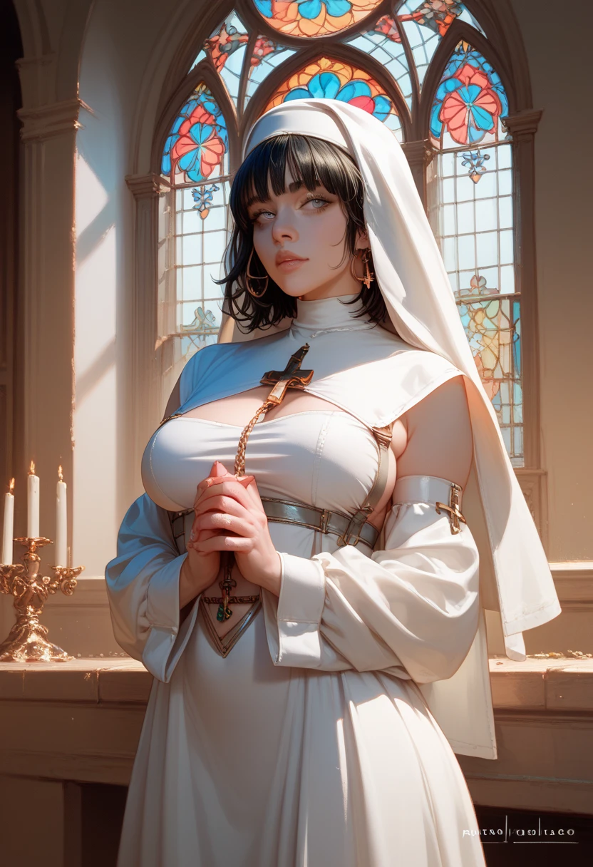  Billie Eilish she is standing with her back to a window, wearing a white nun outfit ,  short black hair,