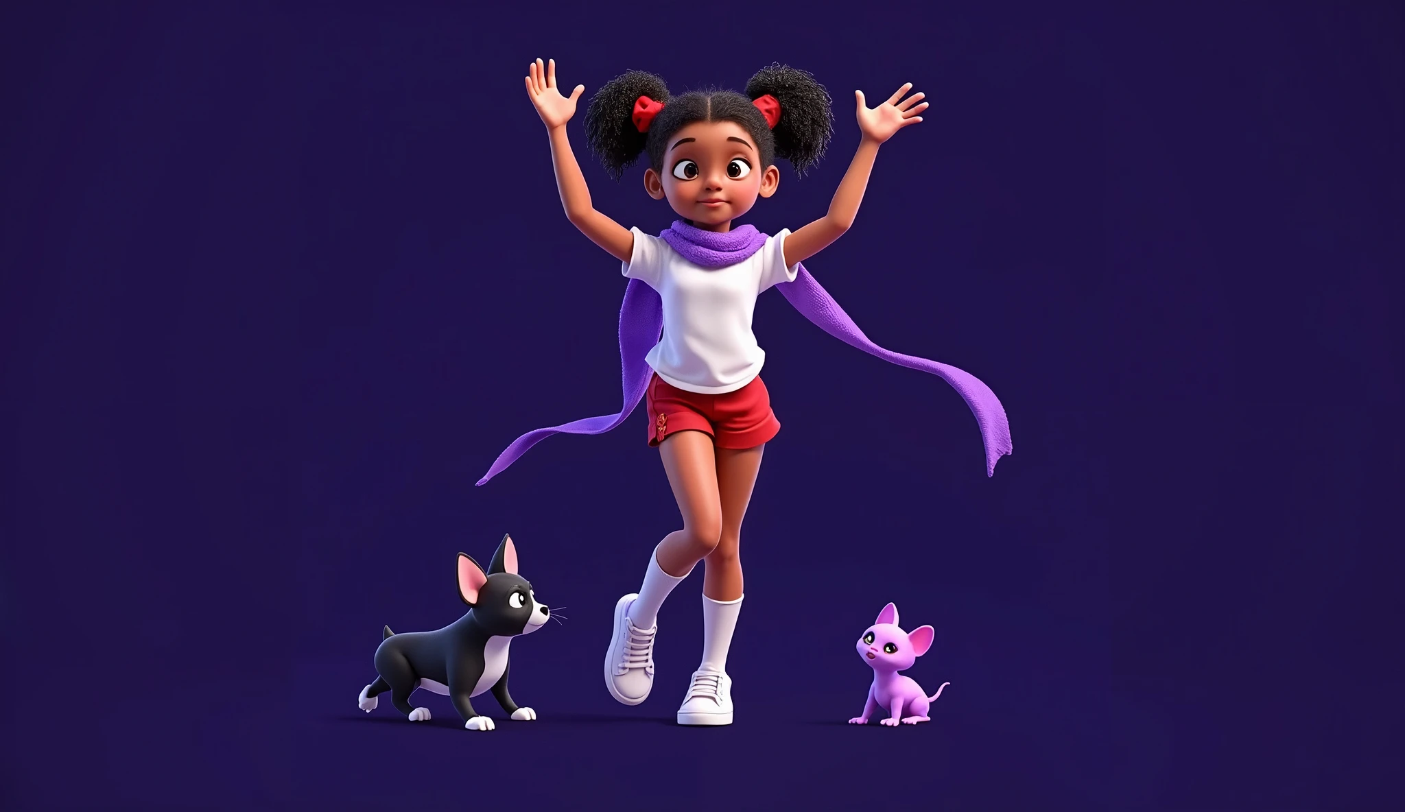 Inspired by the films on the posters of the Disney Pixar characters, create a high-resolution 3D image of a , 12YO, 12Y, , 12 Y, 12 ANOS DE IDADE, girl, BEAUTIFUL, SENSUAL, light-skinned, curly, Afro-mixed hair, tied in two ponytails tied with red ribbons. She is wearing a lilac scarf, a white t-shirt without any print, very short red shorts, white socks and white sneakers. She makes a movement that seems to dance with two arms raised high, looking up and one of her feet raised at her side. Her two friends are a black and white French Bulldog puppy (with the predominant color black) on two paws doing the same movement on the other side. A hairless purple Spix kitten with yellow eyes doing the same movement. The background is all black for cutting in png.